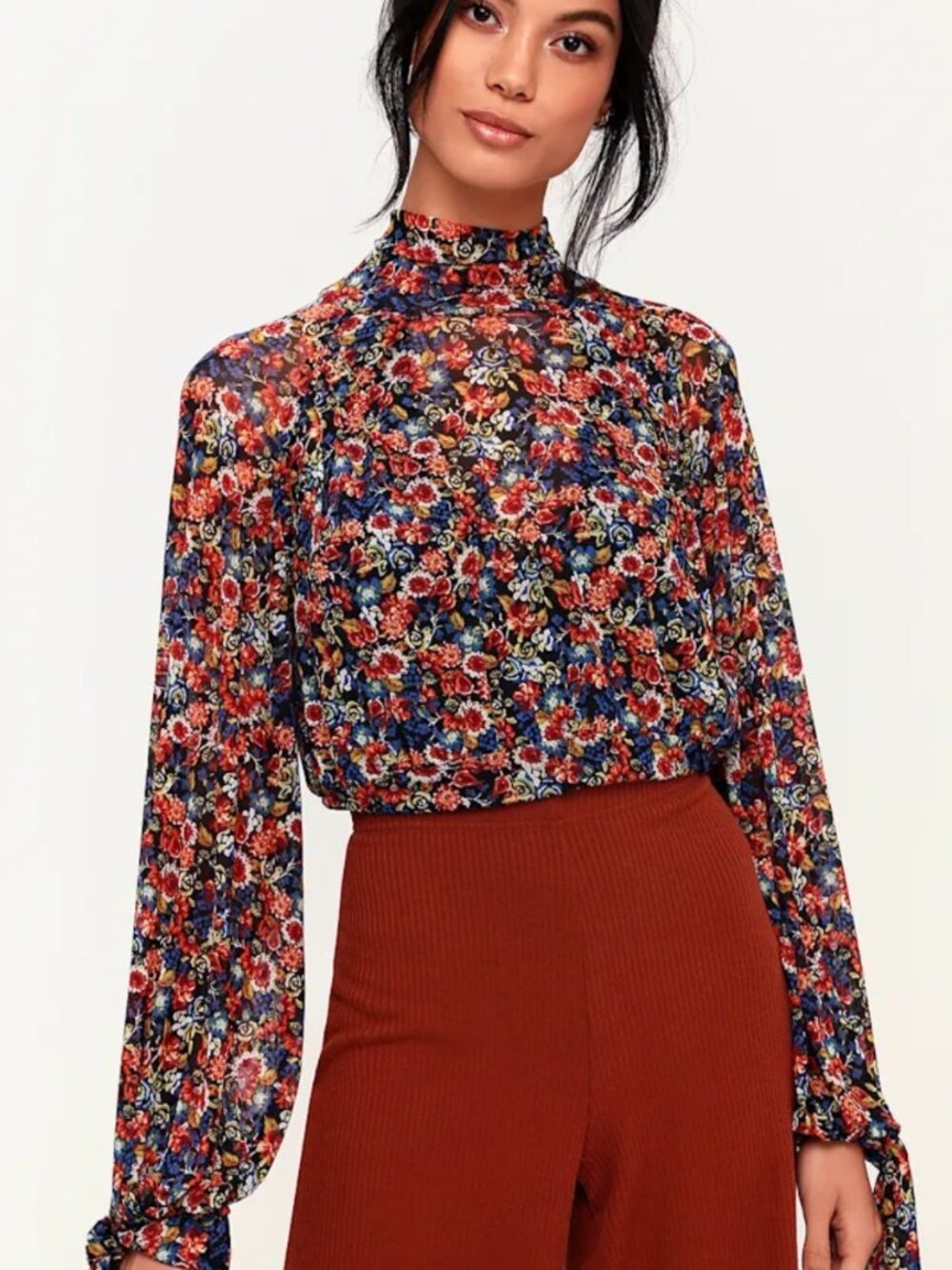 Free People All Dolled Up Floral Mock Neck Open Back Tie Sleeve Blouse Top XL